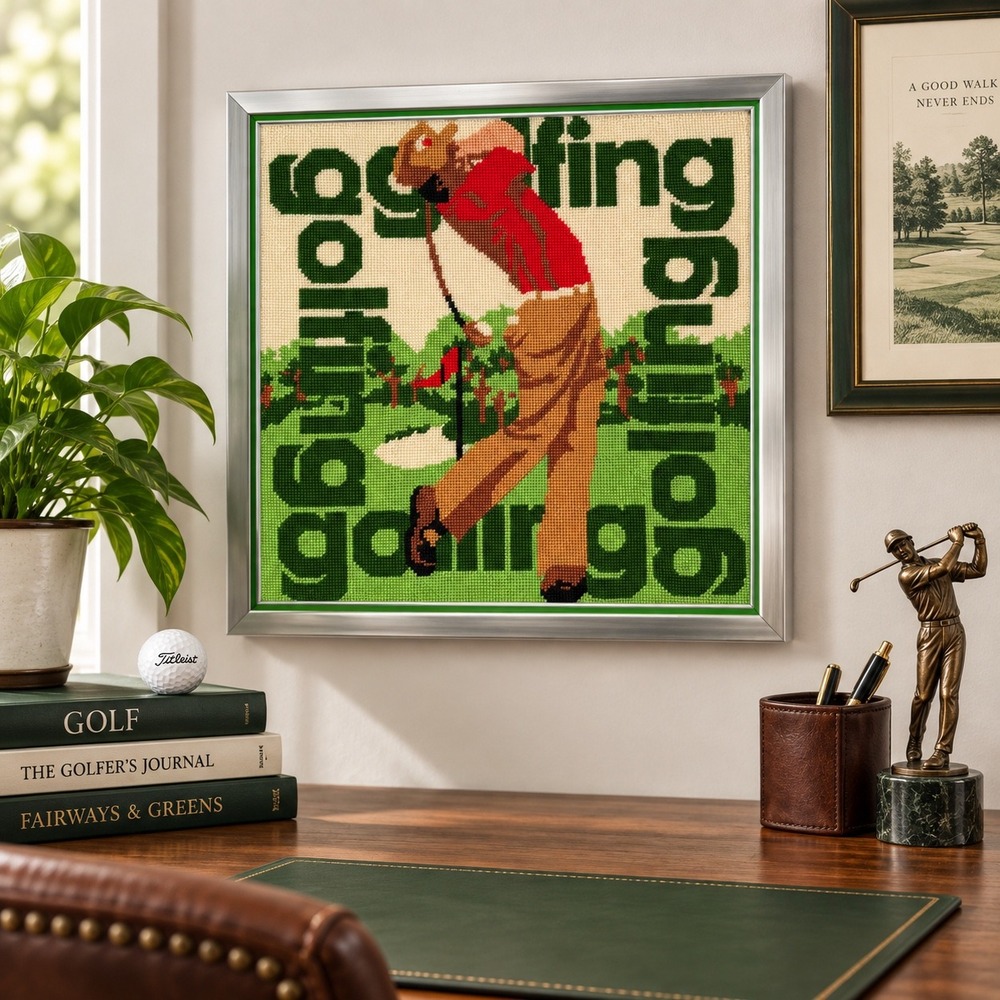 Vintage Golfing Needlepoint Framed Wall Art Retro 70s Office Decor Man Cave Dad
